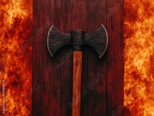 Dramatic image of a fire axe embedded in a door with flames in the background, powerful firefighting symbolism, concept of action and strength photo