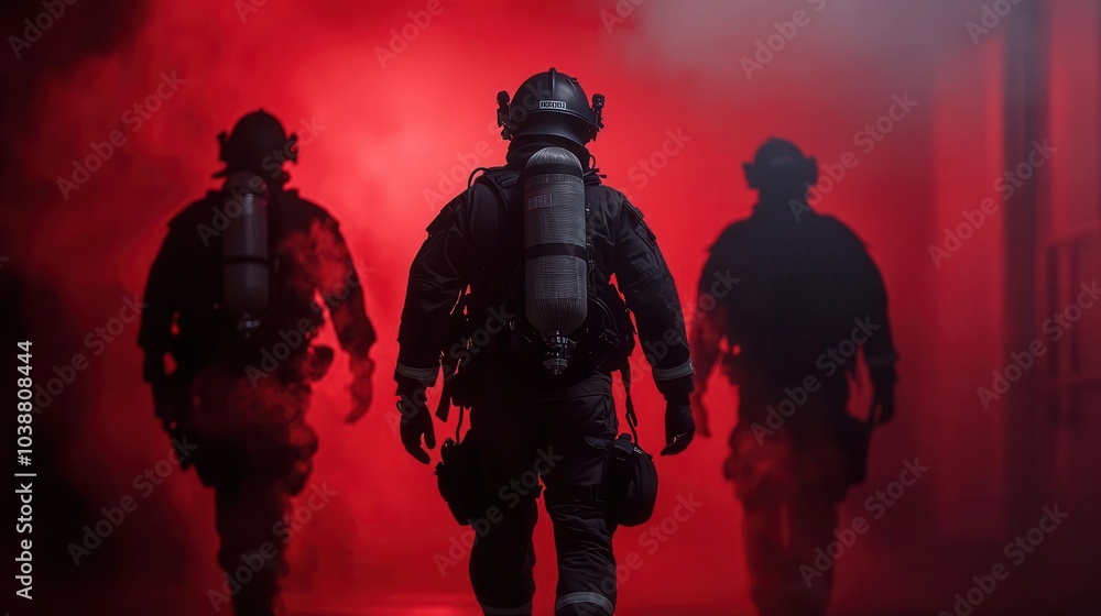 A fire rescue team using a thermal camera to search for people in a smokefilled room, advanced firefighting technology concept A fire rescue team using a thermal camera to search for people in a smokefilled room, advanced firefighting technology concept