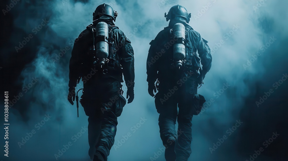 A fire rescue team using a thermal camera to search for people in a smokefilled room, advanced firefighting technology concept A fire rescue team using a thermal camera to search for people in a smokefilled room, advanced firefighting technology concept