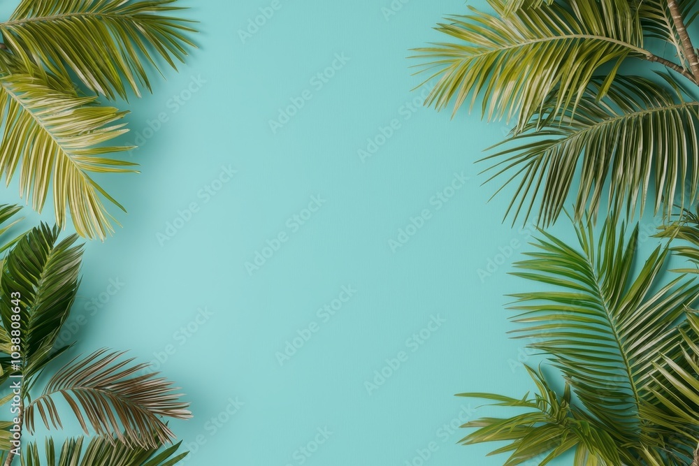 Serene Tropical Oasis with Palm Fronds on Turquoise Background, Minimalist Modern Design for Relaxation and Wellness