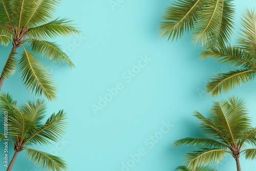 Tropical Harmony Symmetrical Palm Fronds Frame Vibrant Turquoise Serenity - Minimalist Nature Concept for Web Design, Summer Promotions, and Decor