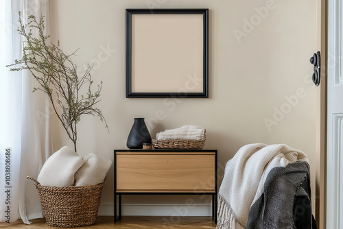 cozy interior scene featuring minimalist wooden cabinet, decorative vase, and woven basket filled with soft blankets. neutral tones create warm and inviting atmosphere