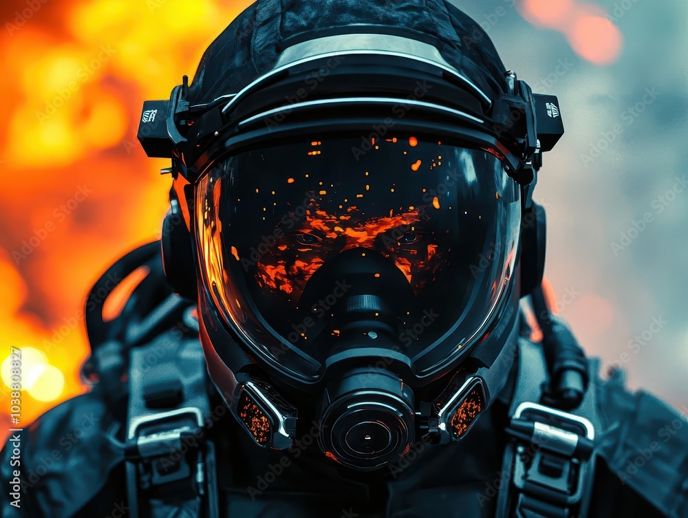 Firefighter in futuristic protective gear fighting flames in a scifi environment, futuristic firefighting concept, hightech emergency response Firefighter in futuristic protective gear fighting flames in a scifi environment, futuristic firefighting concept, hightech emergency response