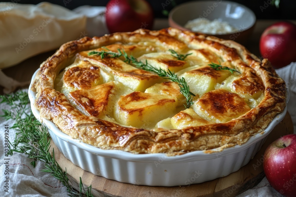A robust pie filled with potatoes apples and cheese in shortbread crust Swiss dish Savory pastries A robust pie filled with potatoes apples and cheese in shortbread crust Swiss dish Savory pastries