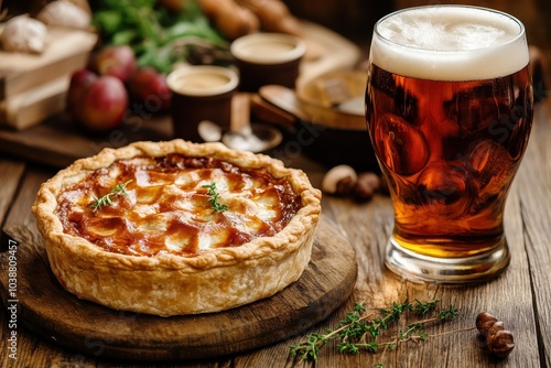 A rustic table with a craft meat pie and beer photo