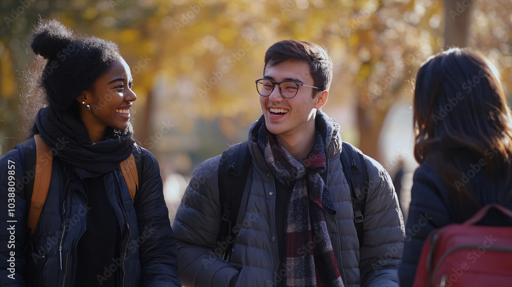 Fototapeta premium Happy international students enjoying sunny day outdoors, sharing laughter and conversation amidst autumn foliage. Their diverse backgrounds create vibrant atmosphere