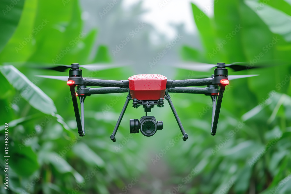 A drone flying over lush banana plants in a vibrant tropical setting during daytime A drone flying over lush banana plants in a vibrant tropical setting during daytime