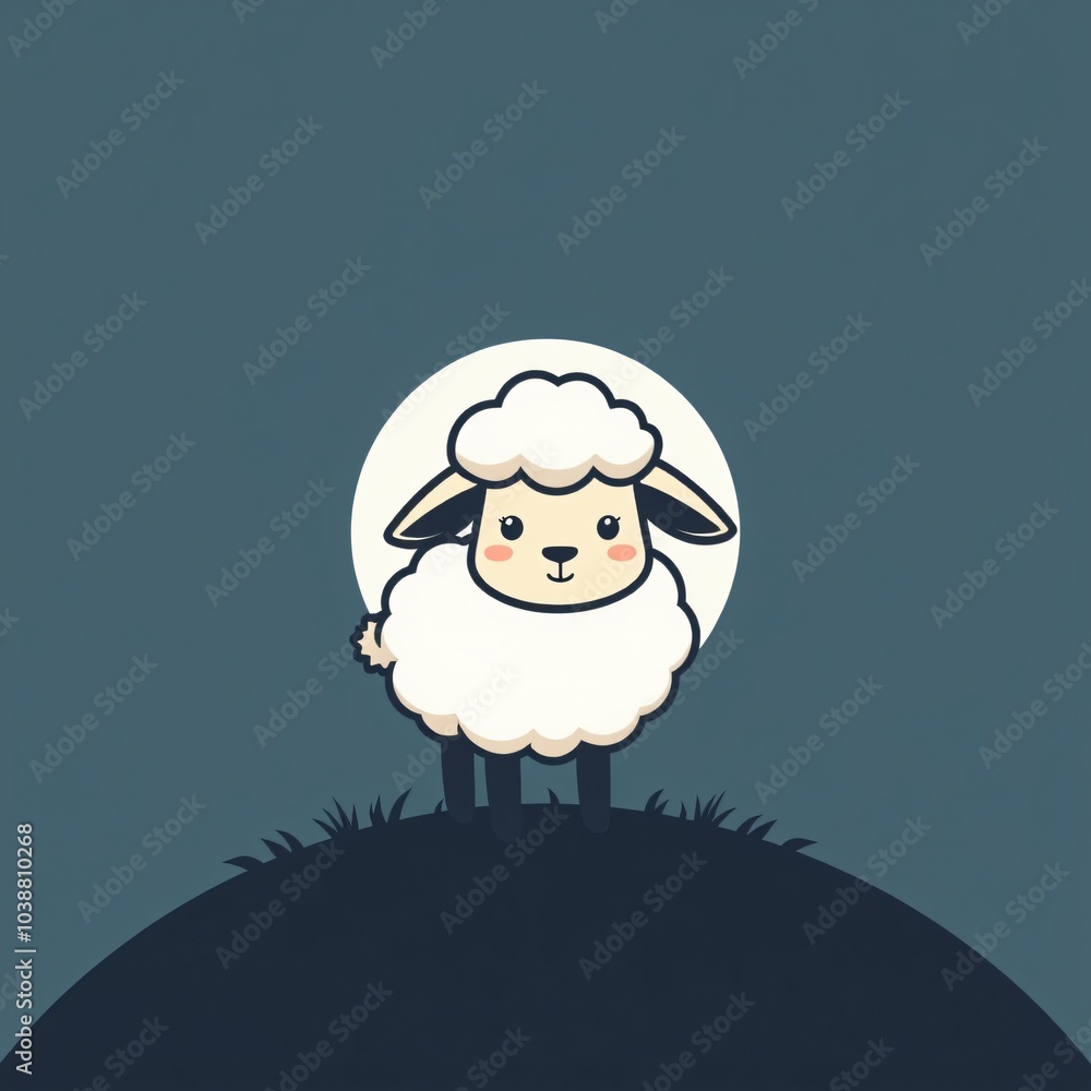 Fototapeta premium A cute cartoon sheep stands on a grassy hill under a full moon at night, creating a whimsical and serene atmosphere in the landscape