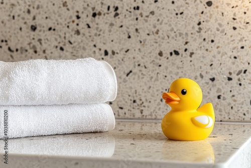 A small yellow duck and white towels on a bathroom counter children s bathing items baby care essentials area for text photo