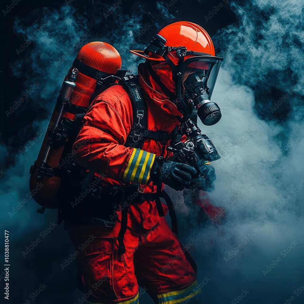 Obraz premium Firefighter using a thermal imaging camera to locate victims inside a smokefilled room, advanced rescue technology concept