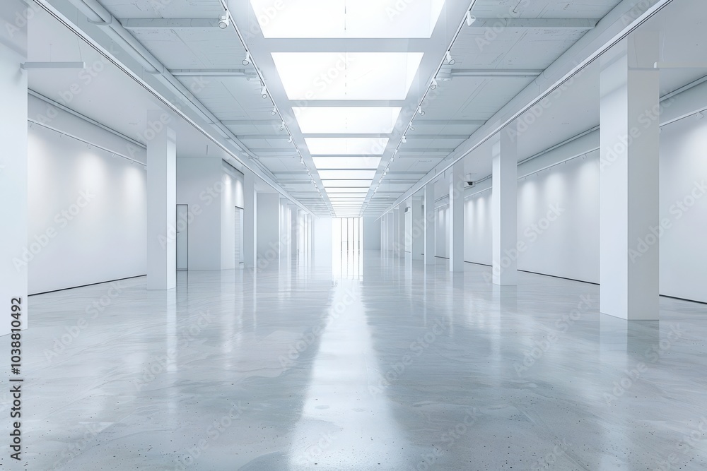 Obraz premium Empty White Hallway with Rectangular Skylights