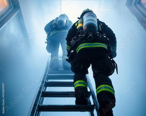 Firefighters climbing a ladder to reach a window in a smokefilled building, actionpacked rescue scene, urban firefighting concept photo