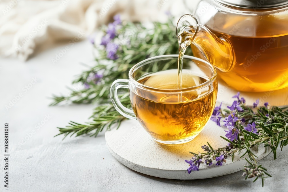 A teapot pours rosemary tea into a glass cup on a rustic white wooden surface showcasing a fresh rosemary bunch embodying a winter herbal beverage idea A teapot pours rosemary tea into a glass cup on a rustic white wooden surface showcasing a fresh rosemary bunch embodying a winter herbal beverage idea