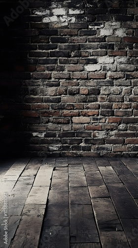 A dimly lit interior featuring a textured brick wall and wooden floor in an urban setting