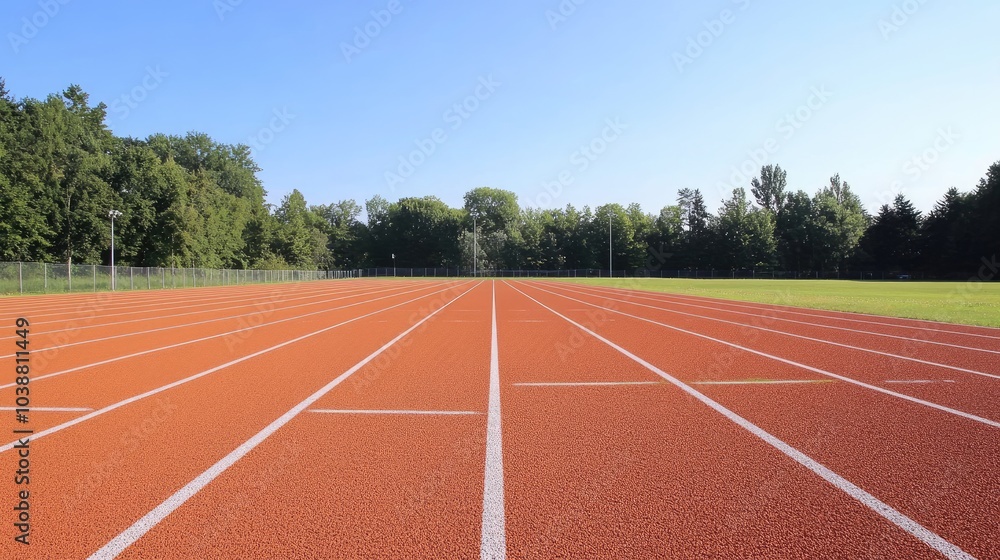 A bright and empty running track field with clear white markings, its orange-red surface reflecting the heat of a summer day A bright and empty running track field with clear white markings, its orange-red surface reflecting the heat of a summer day