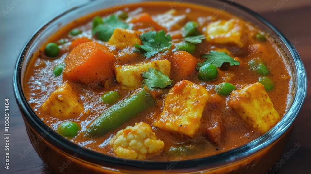 A vibrant vegetable curry featuring various colorful vegetables such as carrots, peas, and paneer, garnished with coriander, capturing the essence of Indian flavors. A vibrant vegetable curry featuring various colorful vegetables such as carrots, peas, and paneer, garnished with coriander, capturing the essence of Indian flavors.