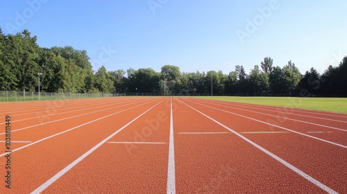 A bright and empty running track field with clear white markings, its orange-red surface reflecting the heat of a summer day