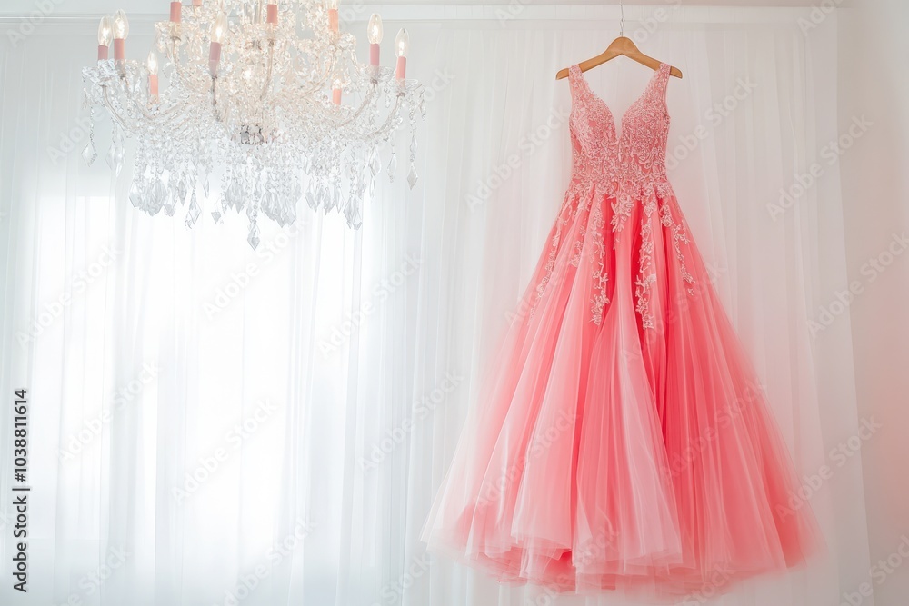 A vibrant pink wedding gown drapes from a chandelier in a bright room A vibrant pink wedding gown drapes from a chandelier in a bright room
