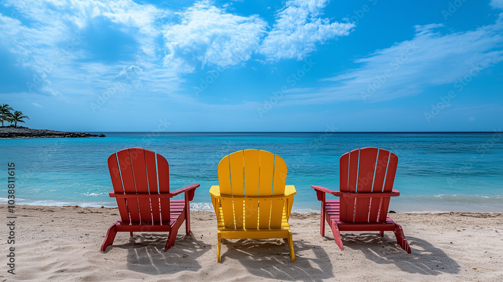 Deck chairs by the ocean on a sunny day with a clear blue sky. Deck chairs by the ocean on a sunny day with a clear blue sky.