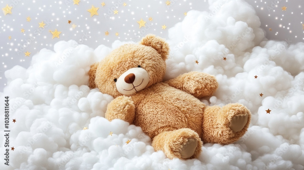 Fototapeta premium A cuddly teddy bear peacefully snoozing on soft clouds, with twinkling stars in the background, creating a serene and dreamy scene, isolated on a white background