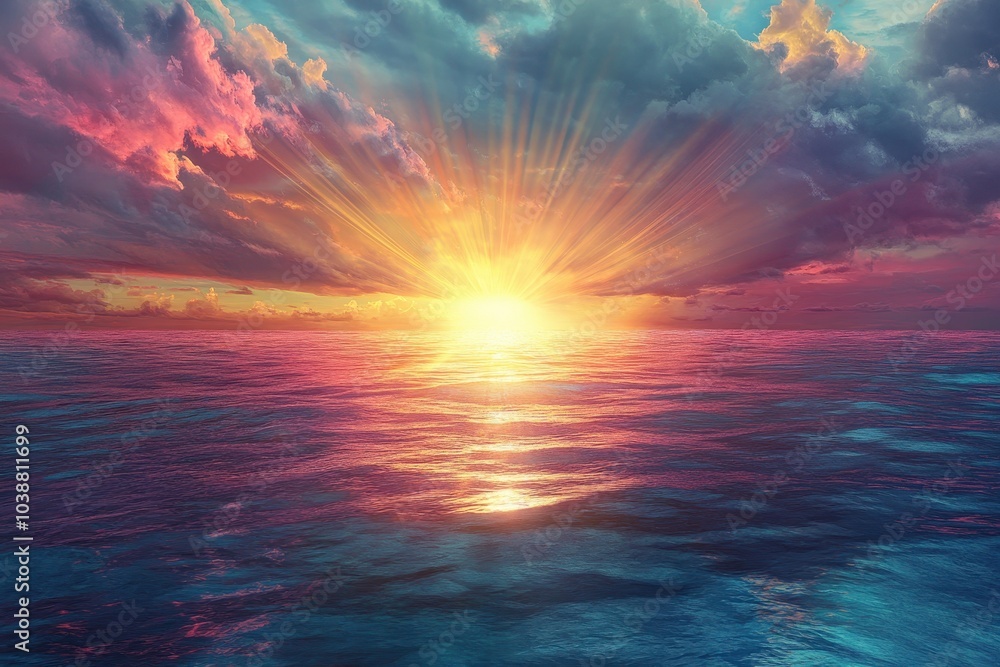 Fototapeta premium A vibrant surreal sunset over the ocean with sun rays in banner format