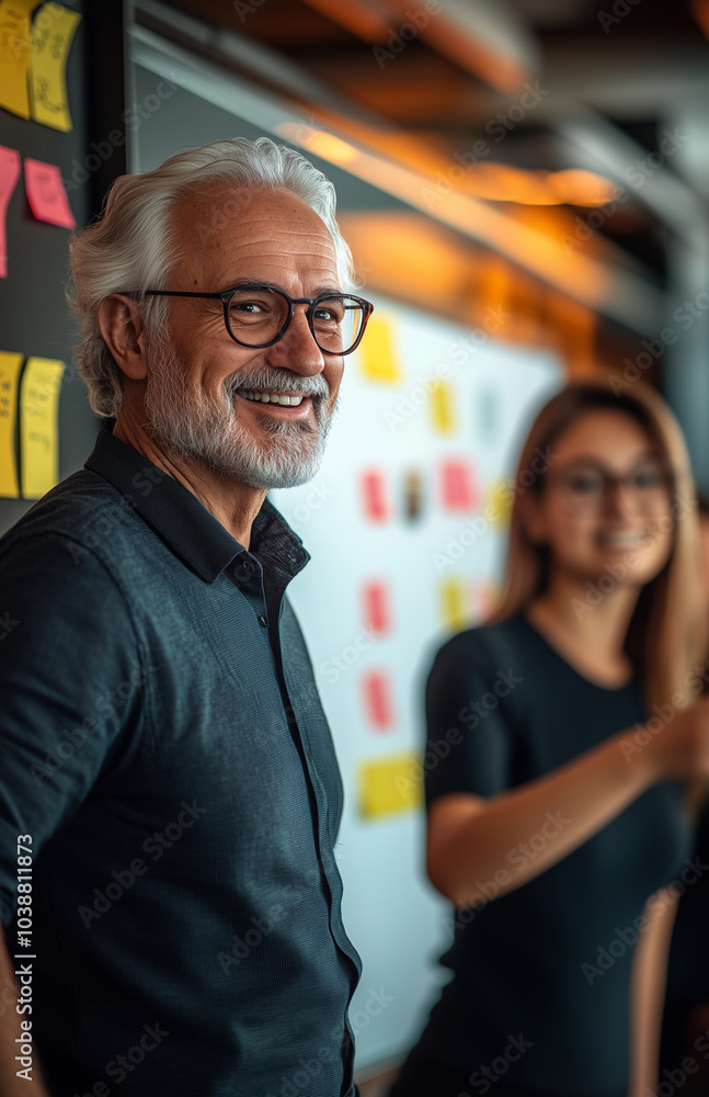 A smiling senior man is standing at a whiteboard in an office with his team A smiling senior man is standing at a whiteboard in an office with his team