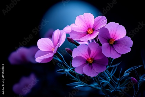 Phlox flowers blooming in an enchanted meadow, their vibrant pink petals glowing under a soft, magical moonlight