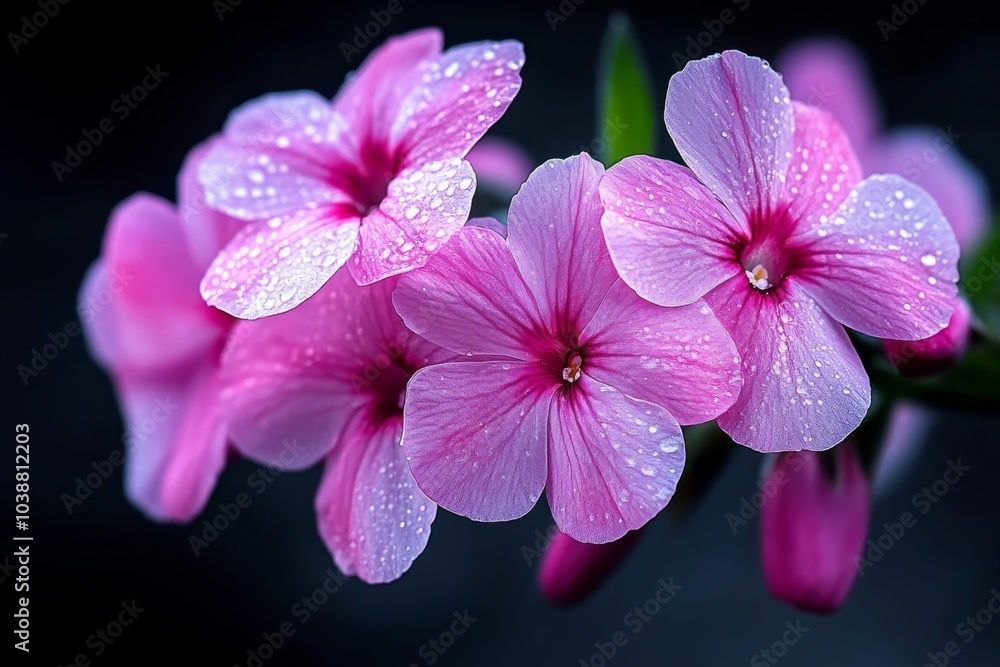 Obraz premium Phlox flowers in a dark, misty garden, their soft purple petals glowing eerily in the dim light