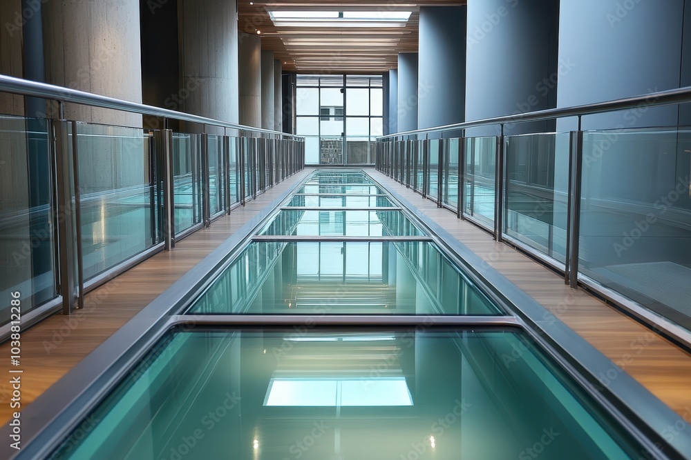 A walkway featuring a glass surface and metal guardrail A walkway featuring a glass surface and metal guardrail