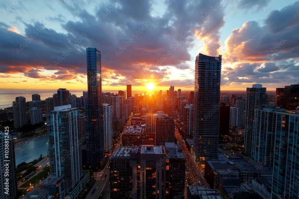 Fototapeta premium Pixel art city skyline at sunset, with blocky buildings and a pixelated sun sinking below the horizon