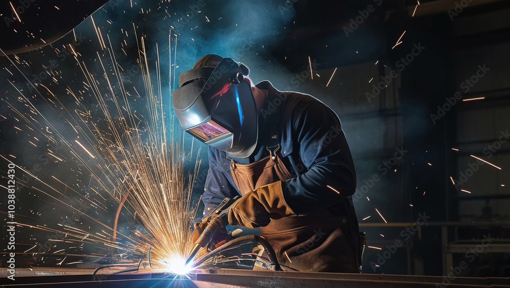 Welder Welding Metal, Working in Protective Safety Shield against Torch Sparks, Industrial Arc Hazard Welder Welding Metal, Working in Protective Safety Shield against Torch Sparks, Industrial Arc Hazard