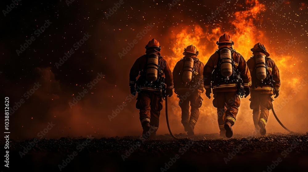 Team of firefighters in reflective gear, silhouetted by flames, teamwork in action, fire rescue concept, intense smoke and heat effects Team of firefighters in reflective gear, silhouetted by flames, teamwork in action, fire rescue concept, intense smoke and heat effects