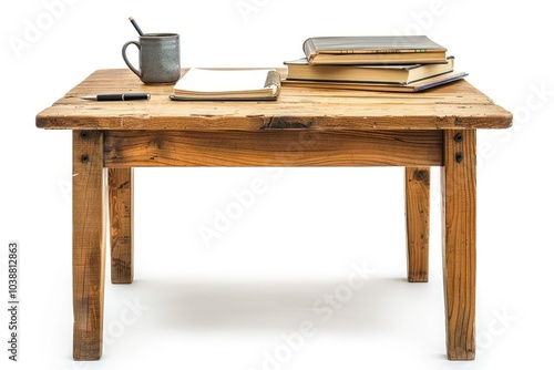 A wooden study table with a pile of textbooks, a pen, and a mug isolated on white