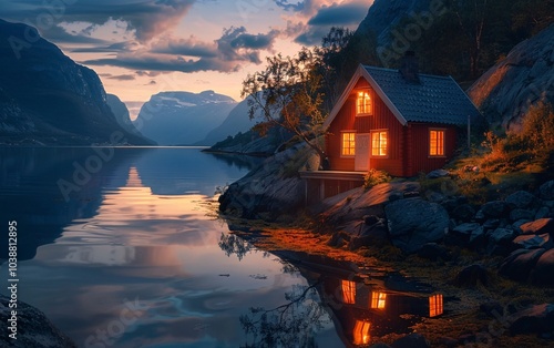 Norwegian beautiful house lit by the midnight sun