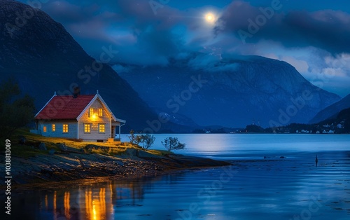 Norwegian beautiful house lit by the midnight sun