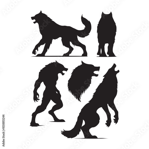 Set of werewolf silhouettes isolated on a white background, Vector illustration.