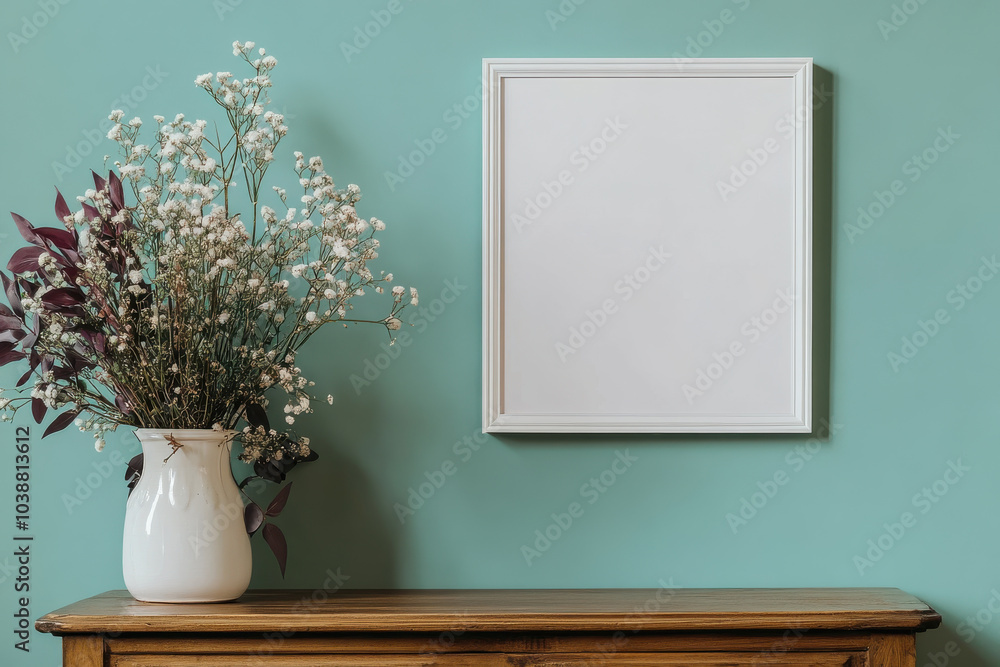 minimalist interior scene featuring blank picture frame on teal wall, complemented by vase of dried flowers on wooden table. This serene setup evokes sense of calm and simplicity minimalist interior scene featuring blank picture frame on teal wall, complemented by vase of dried flowers on wooden table. This serene setup evokes sense of calm and simplicity