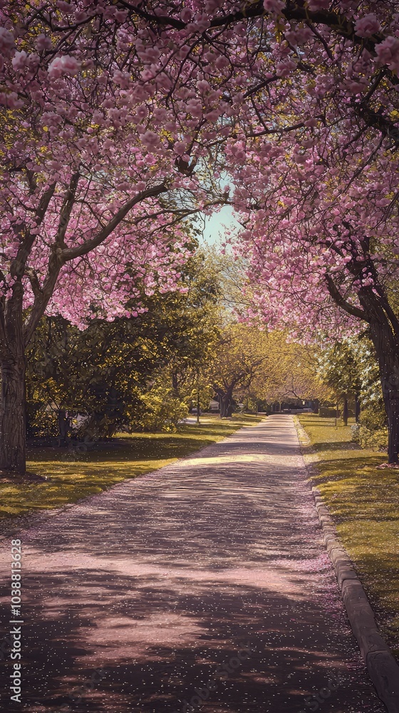 Naklejka premium Serene Tree-Lined Avenue in Spring Bloom