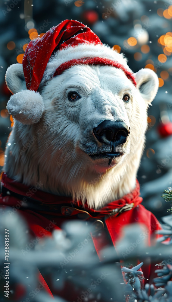 polar bear wearing a Christmas hat, magical winter, Santa’s hat, cute Christmas animal, Xmas, festive winter holiday concept polar bear wearing a Christmas hat, magical winter, Santa’s hat, cute Christmas animal, Xmas, festive winter holiday concept