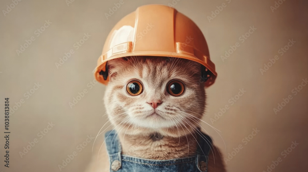 A wide-eyed cat wears an orange construction helmet and denim overalls, looking surprised yet adorable. The neutral background enhances its expressive features. A wide-eyed cat wears an orange construction helmet and denim overalls, looking surprised yet adorable. The neutral background enhances its expressive features.
