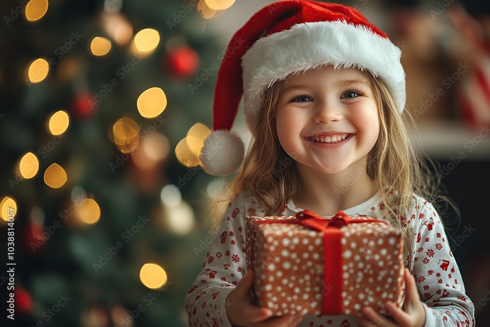 Smiling child girl in checkered pajamas and red santa hat holding gift box in hands on blurred fir tree lights background Smiling child girl in checkered pajamas and red santa hat holding gift box in hands on blurred fir tree lights background