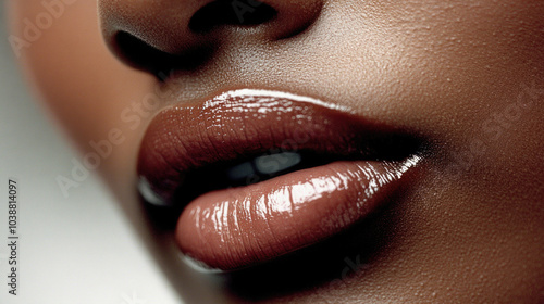 A detailed close-up of luscious, glossy lips highlighting smooth, hydrated skin with rich texture and vibrant hues, focusing on beauty and allure.