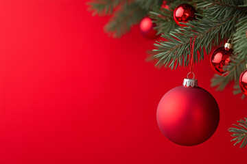 A close-up of a red Christmas ornament hanging from a pine branch against a bright red background