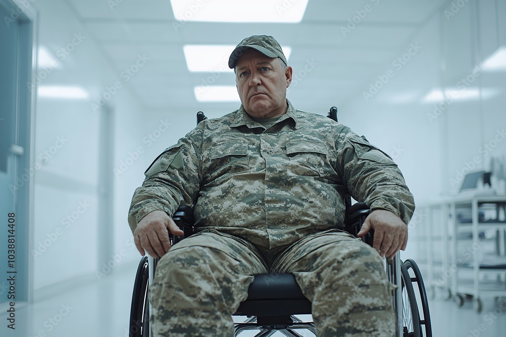 Fototapeta premium Military soldier in camouflage uniform sitting in wheelchair