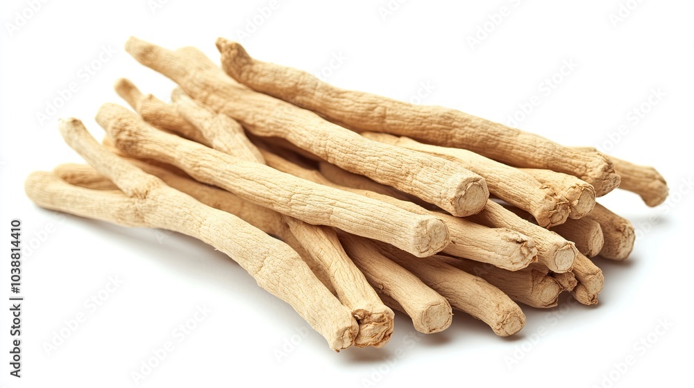 Ashwagandha root used in Ayurveda on a white backdrop Ashwagandha root used in Ayurveda on a white backdrop