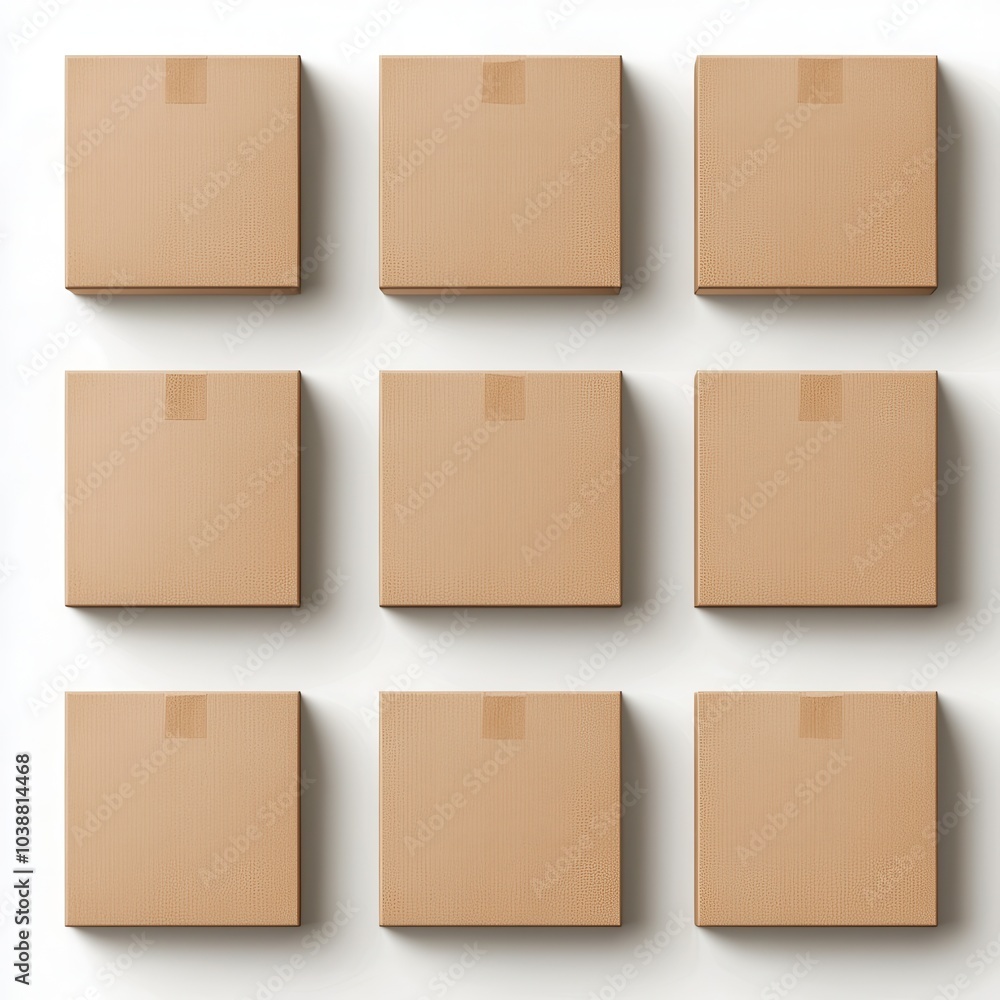 A grid of nine plain cardboard boxes arranged neatly, emphasizing simplicity and uniformity in packaging. A grid of nine plain cardboard boxes arranged neatly, emphasizing simplicity and uniformity in packaging.