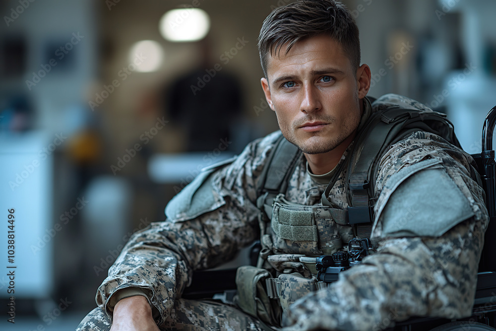 Military soldier in camouflage uniform sitting in wheelchair Military soldier in camouflage uniform sitting in wheelchair