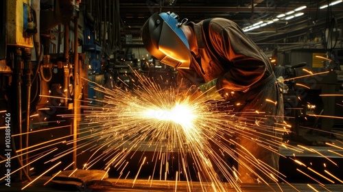 Action-packed image of a welder forming metal in a workshop filled with industrial tools and machines, sparks flying