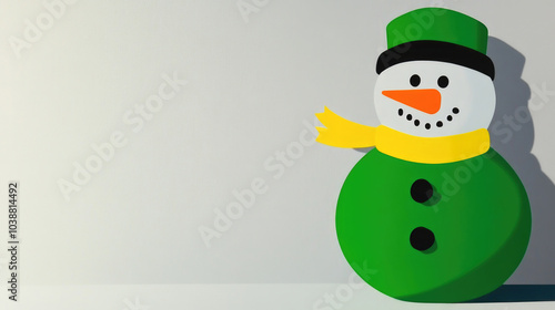 An artistic illustration of a snowman in a vibrant green and yellow outfit, featuring a playful pose and dynamic use of colors embodying joy and winter fun.