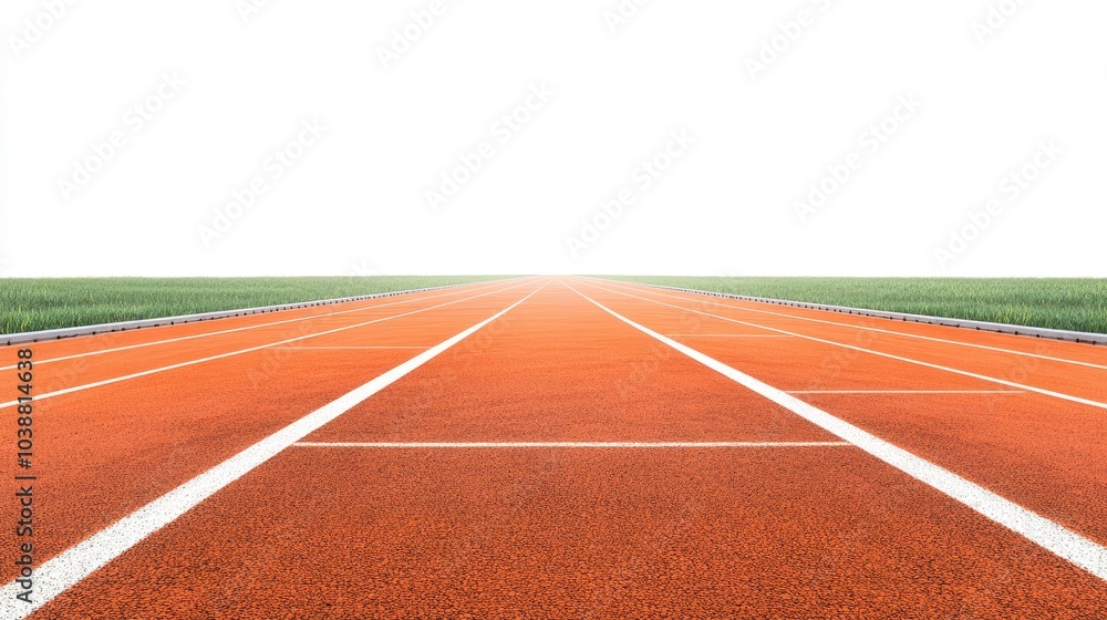 Fototapeta premium An empty athletic track in bold orange-red, soaking in the summer sun on a clear day, isolated on a white background